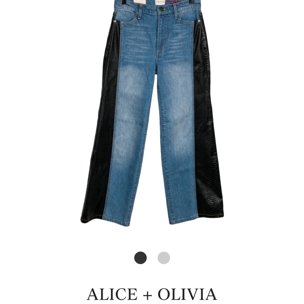 Alice & Olivia High-Rise Wide Leg Jeans with black snakeskin leather
